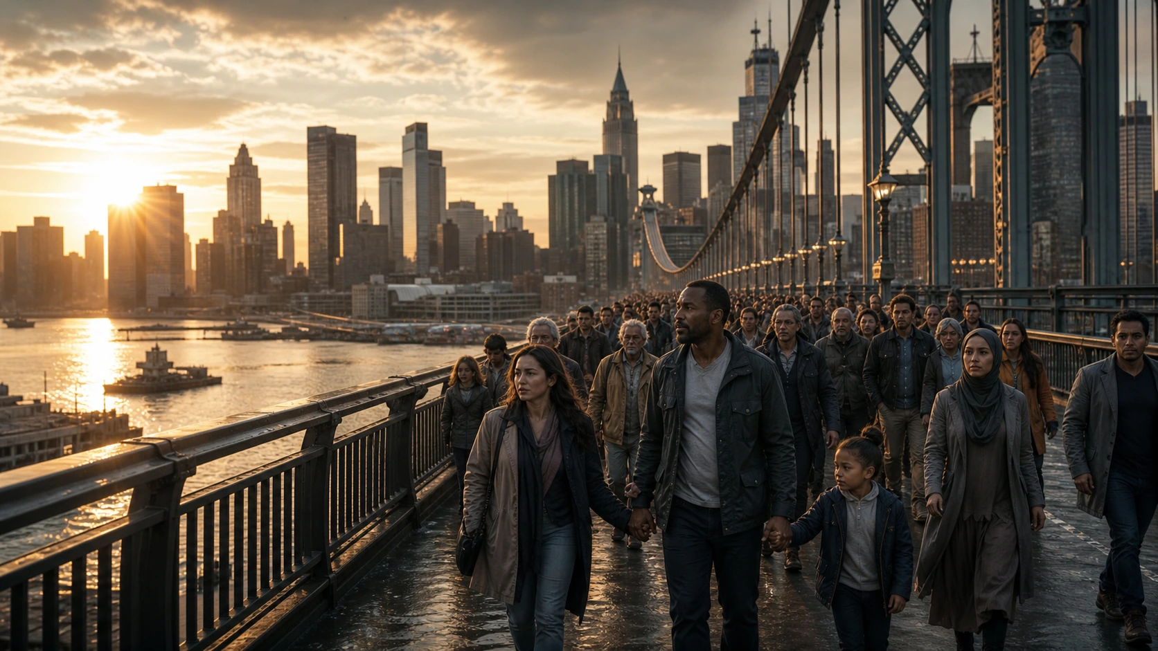 A crowd moving across a bridge at epic scale