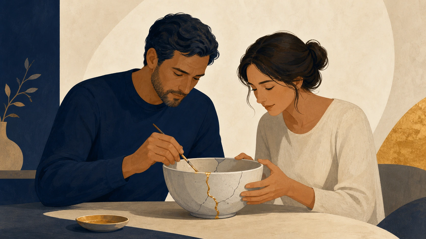 A couple repairing a ceramic bowl together