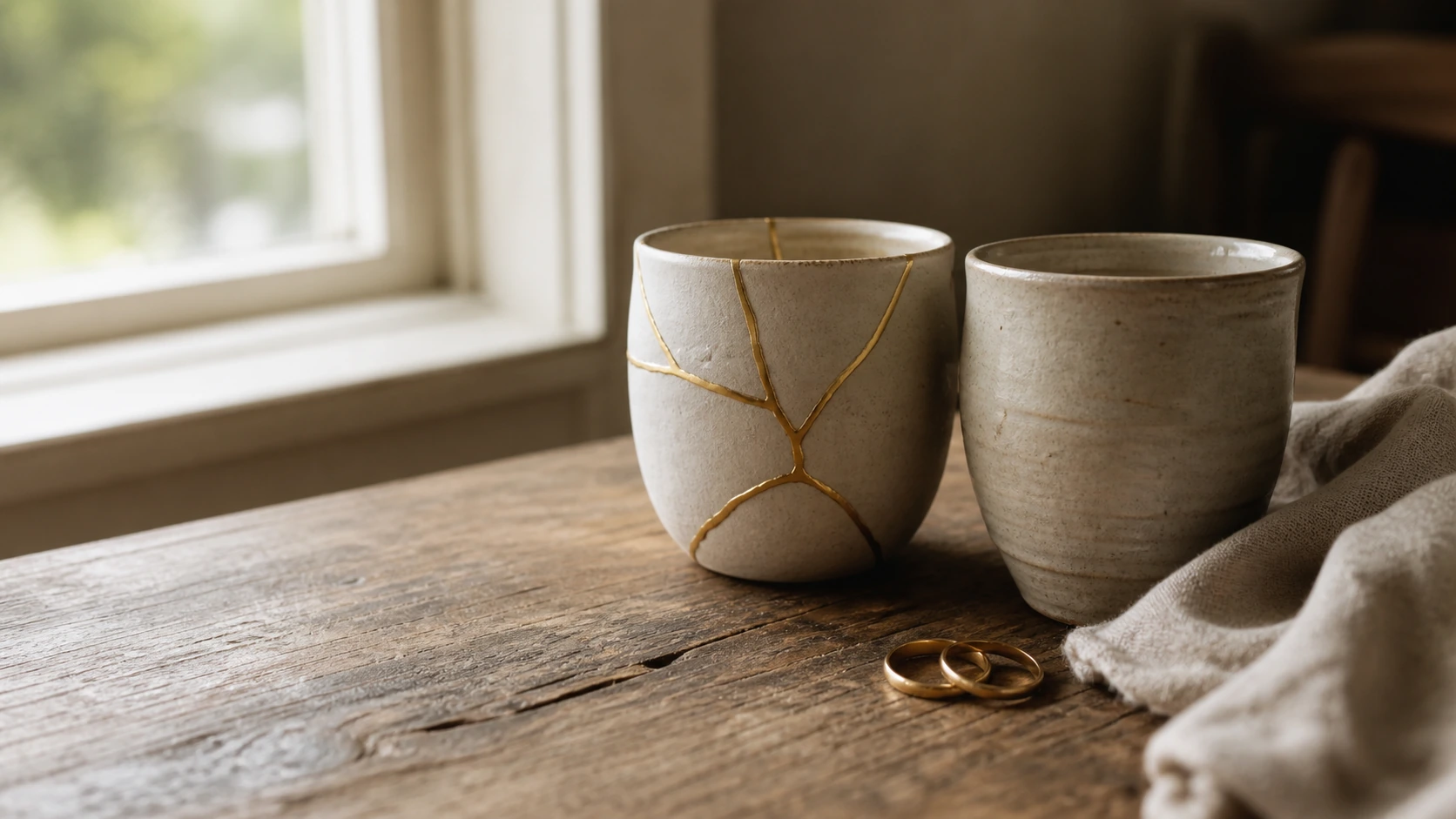A symbolic still life using repaired pottery and rings