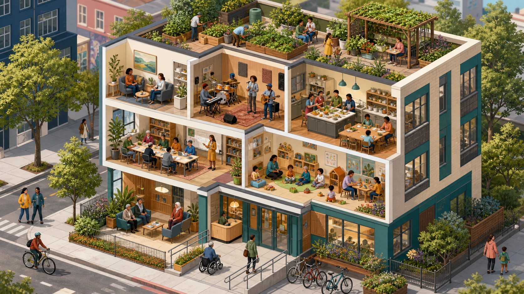 Isometric illustration of a multi-storey organisation