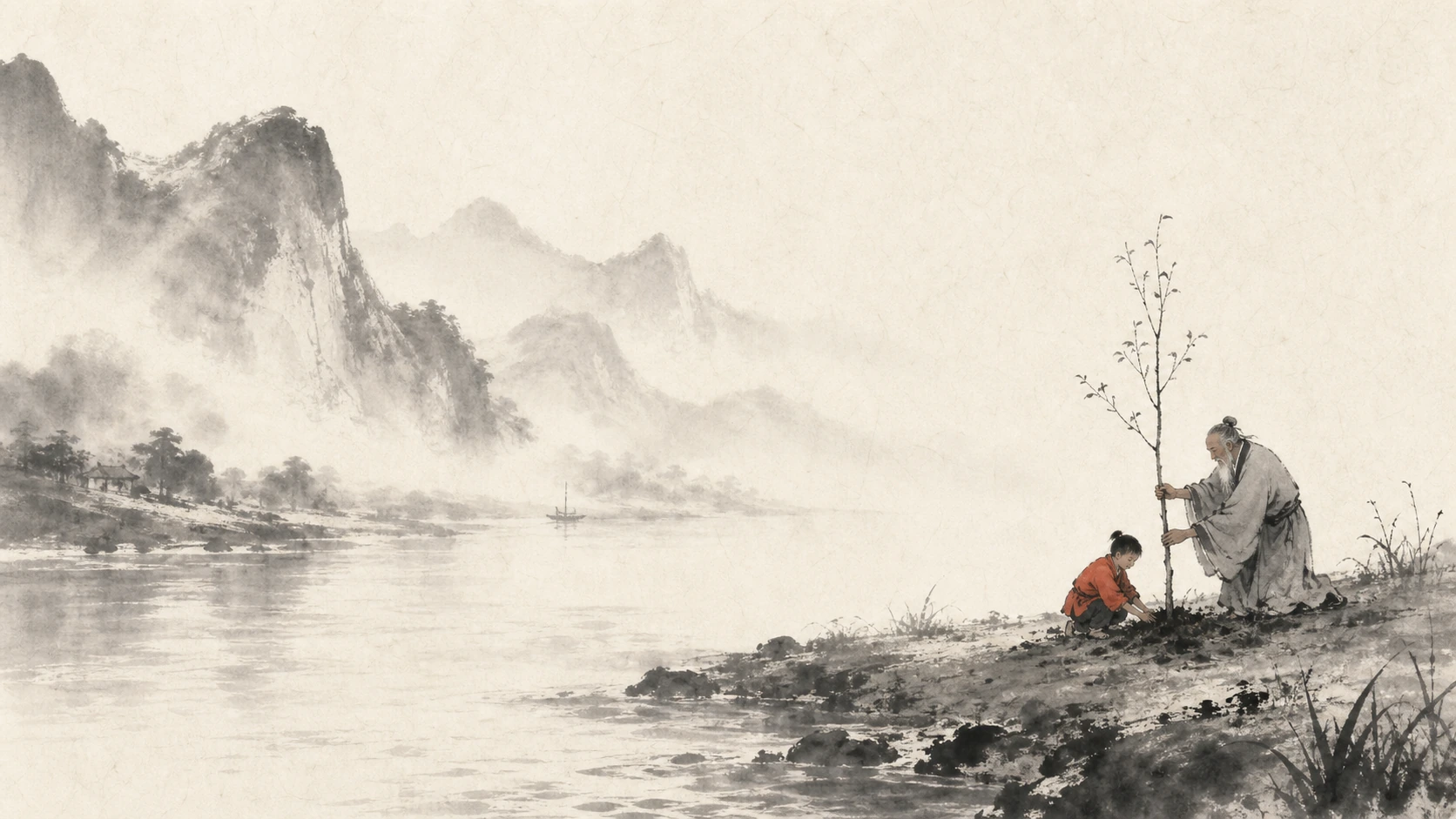 A calm ink-wash mentoring scene