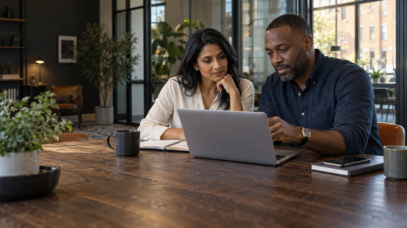 Two colleagues review work together on a laptop.